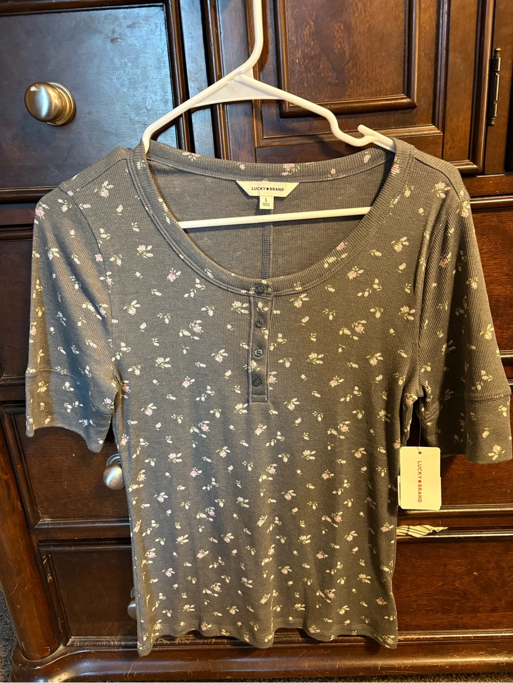 Lucky Brand Gray Short-Sleeve Henley with Pink Floral Print